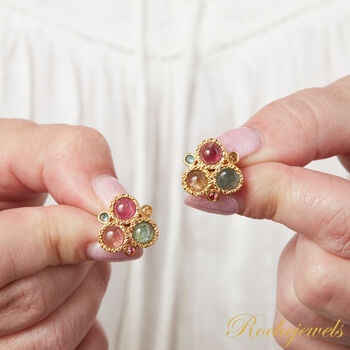 Multicoloured Tourmaline Triple Stone Gold Silver Stud, 4 of 10
