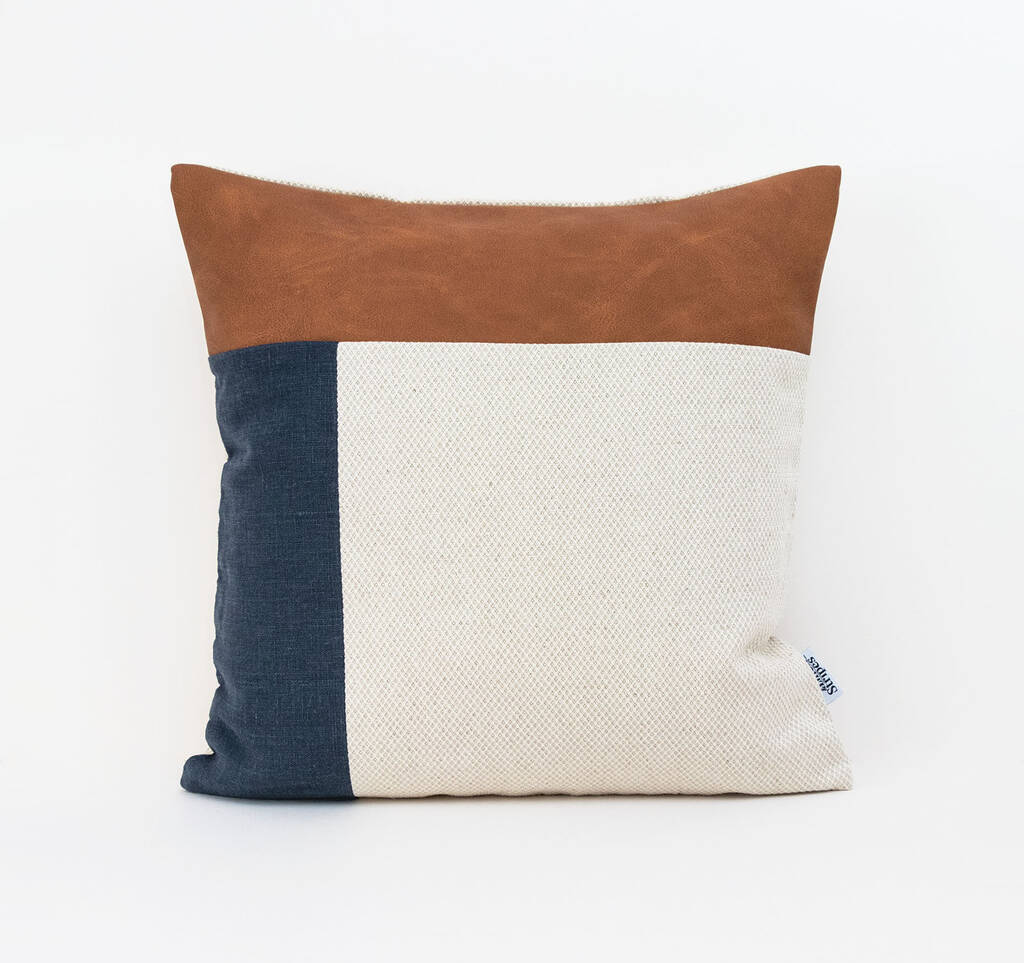 Geometric Pillowcase Navy Linen And Tan Faux Leather By Linen and ...