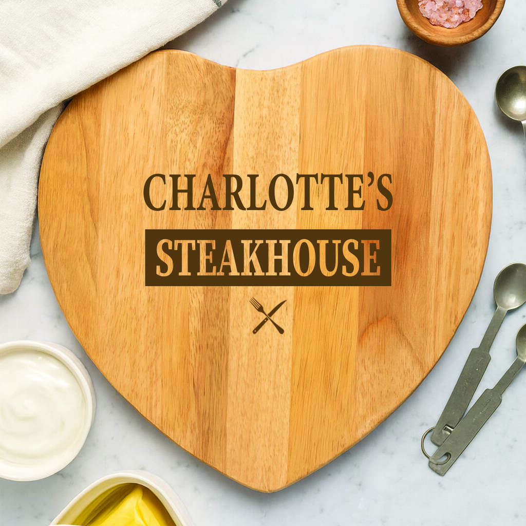 Personalised Steakhouse Heart Wooden Chopping Board, 1 of 2