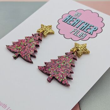 Red Glitter Christmas Tree Earrings / Traditional Holiday Jewellery / Christmas Gift / Secret Santa Gift, 5 of 5
