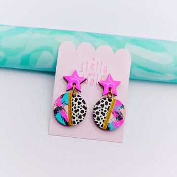 Pink Star Earrings With An Animal Print Abstract Drop, 5 of 12