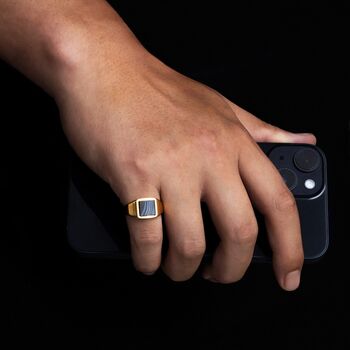 Men's Gold White Line Onyx Square Gemstone Signet Ring, 2 of 12