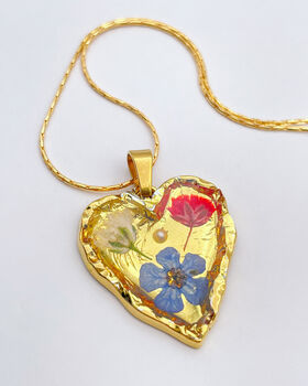 Real Blue Red Flowers Pendant Gold Leaf Necklace Hand Made, 2 of 9