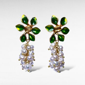 Green Floral Pearl Drop Earrings, 3 of 4