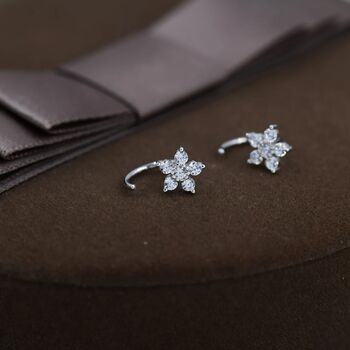 Uncoloured Forget Me Not Flower Cz Huggie Hoop Earrings, 7 of 11