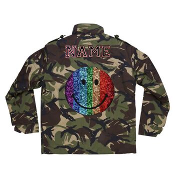 Sequin Smiley Face Personalised Kids Camo Jacket, 7 of 7