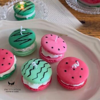 Personalised Gift Box Five Watermelon Macaron Candles With Greeting Card, 2 of 4