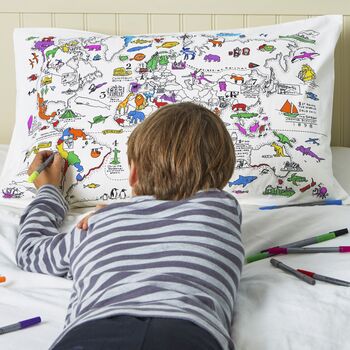 World Map Pillowcase Kit + 10 Pens, Colour In And Learn, 3 of 10