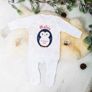 Personalised Penguin Baby First Christmas Babygrow, 8 of 12