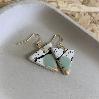 Mint Green Triangle Ceramic Dangle Earrings Gold Plated, 2 of 8