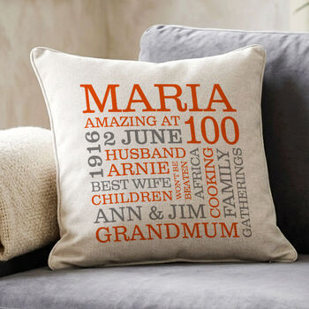 Personalised 100th Birthday Word Art Cushion, 4 of 8
