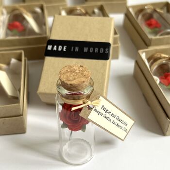 Personalised Mini Glass Bottle Favors With Handmade Red Or Cream Paper Roses – Sets Of 10, 25 Or 50, 3 of 6