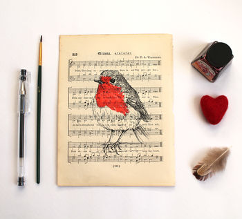 Robin Screen Print On Vintage Sheet Music Paper, 3 of 4