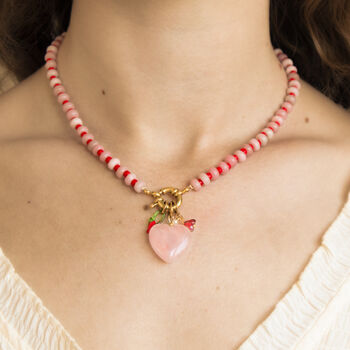 Pink And Red Gemstone Necklace With Heart And Fruit Charms, 2 of 5