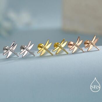 Internally Threaded Dragonfly Flat Back Earrings In Sterling Silver, 5 of 12