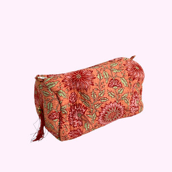 Pink And Orange Sunflower Block Print Cotton Washbag, Make Up Bag, 3 of 5