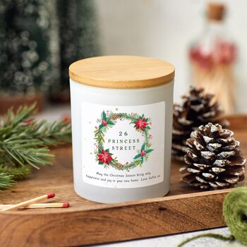 First Christmas In New Home Personalised Candle Gift Wreath Design, 5 of 8