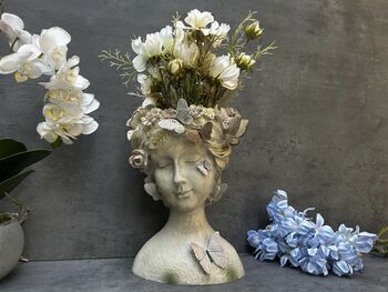 26cm Grey Green Ladies Head Plant Pot With Pink Flowers, 6 of 12