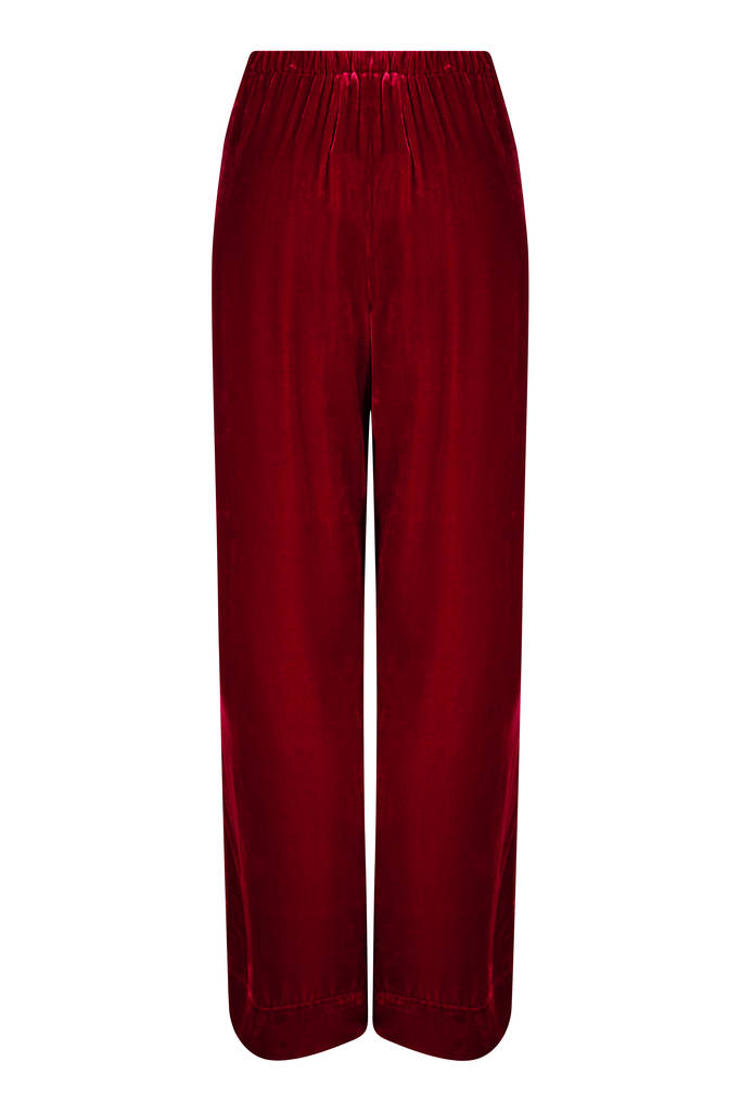 Palazzo Trousers In Deep Red Silk Velvet By Nancy Mac