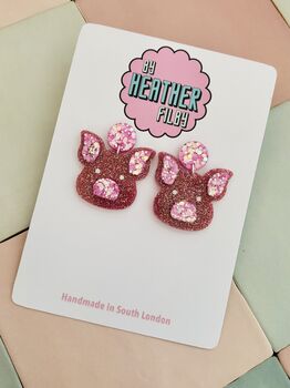 Pink Glitter Pig Earrings / Cute Farm Animal Jewellery Pink Pig Lover Gift / Young Farmer Gift Agriculture Teacher Jewellery / Lucky Pig Charm Jewellery Whimsical Pink Statement, 4 of 5