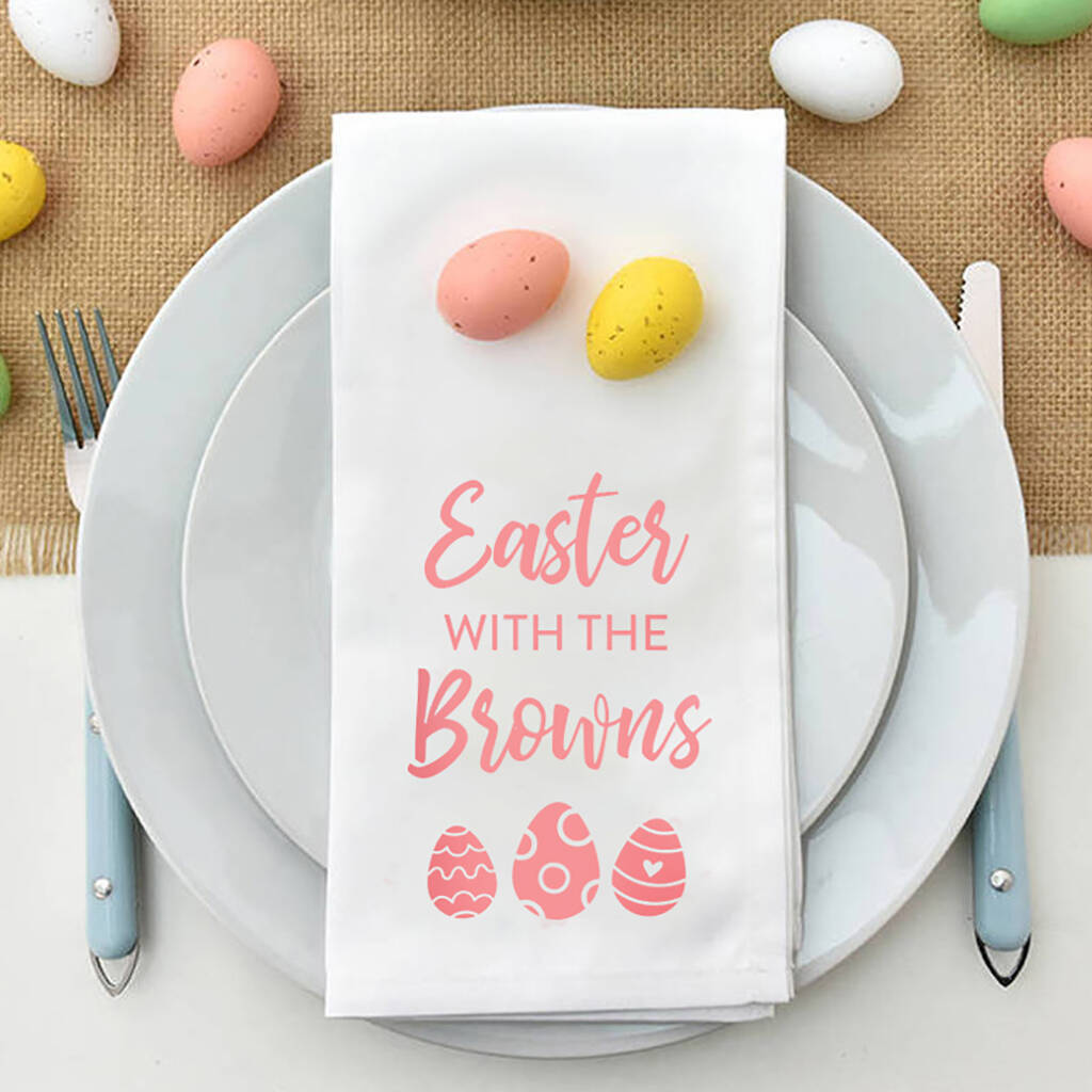 Personalised 'Easter With The' Egg Wreath Napkin, 1 of 5