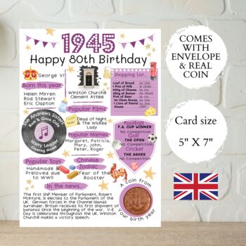 80th Birthday Card With 1945 Coin And Envelope Choose Your Colour, 2 of 3