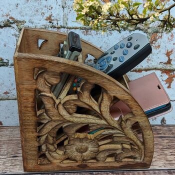 Wooden Gift For Mum; Floral Carved Remote Control Caddy Stand, 2 of 7
