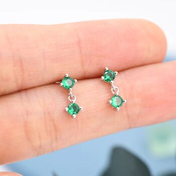 Tiny Emerald Green Double Cz Dangle Stud Earrings, 4 of 10