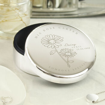 Personalised Birth Flower Round Silver Trinket Box, 6 of 12