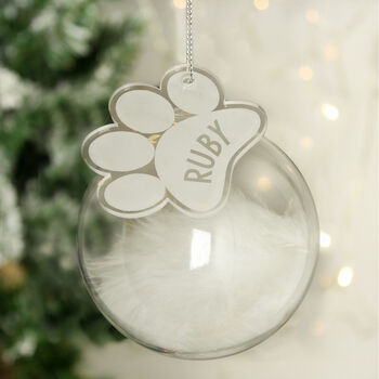 Personalised Pawprint White Feather Glass Bauble, 3 of 3