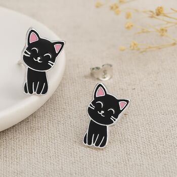 Girls Sterling Silver Black Cat Stud Earrings, 3 of 6