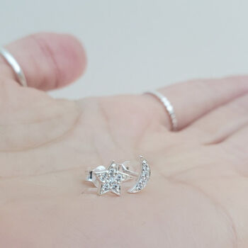 Sterling Silver 925 Cz Moon And Star Ear Stud Earrings, 2 of 6