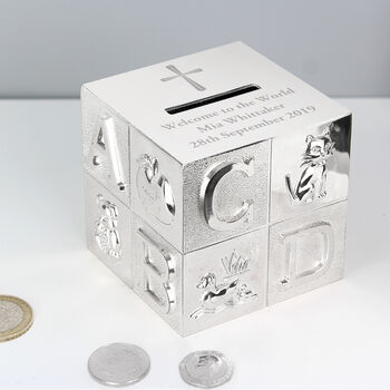 Personalised Cross Abc Money Box – Christening Or New Baby Gift, 2 of 4