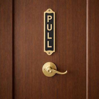 Classic Brass Vertical “Pull” Door Plaque With Black Finish, 5 of 5