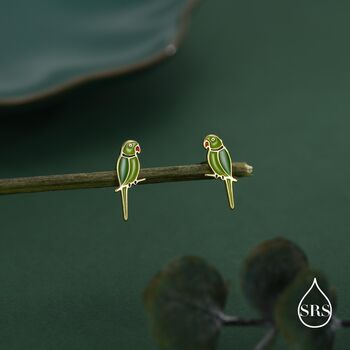 Sterling Silver Green Enamel Parakeet Parrot Earrings, 4 of 12