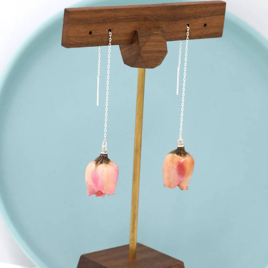 Real Rose Flower Threader Earrings In Sterling Silver By Silver Rain Silver