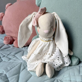 Linen Bunny Rabbit Soft Toy Doll With Ivory Broderie Dress, 2 of 4
