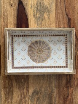 Luxury Wood Lacquer Coated Serving Tray, Indian Printed Serveware, 7 of 11