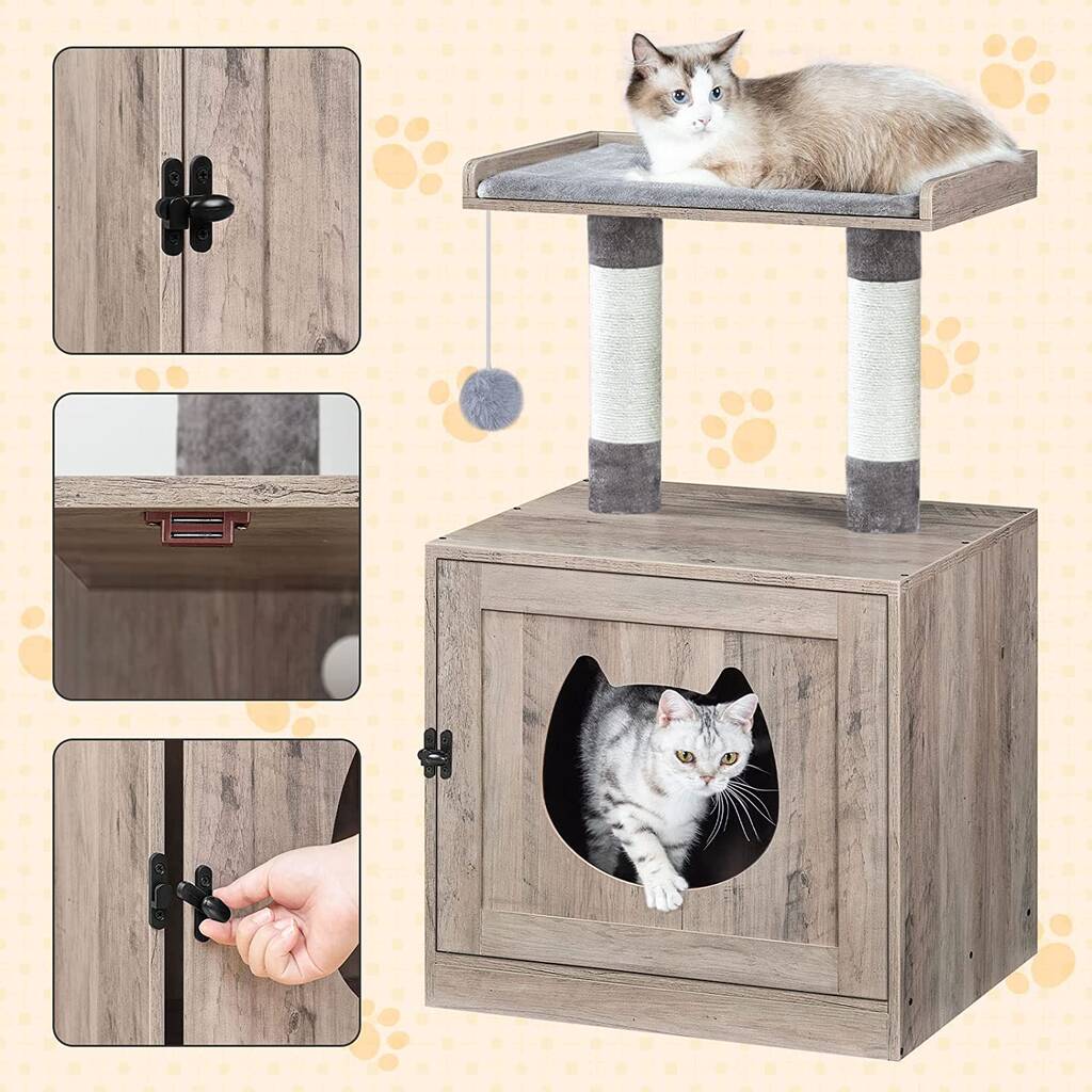 Greige Cat Litter Tray Box With Scratching Posts By Momentum