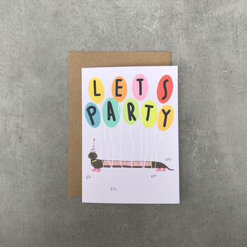 'Let’s Party' Sausage Dog Celebration Birthday Card, 4 of 4