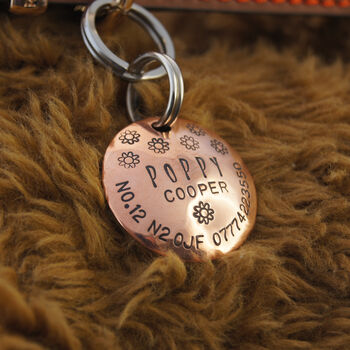 Dog ID Tag. Personalised Domed Copper Disc With Flowers, 10 of 10