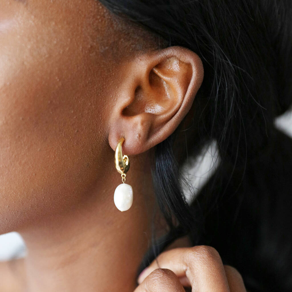 Gold Plated Organic Hoop Earrings With Freshwater Pearl, 1 of 3