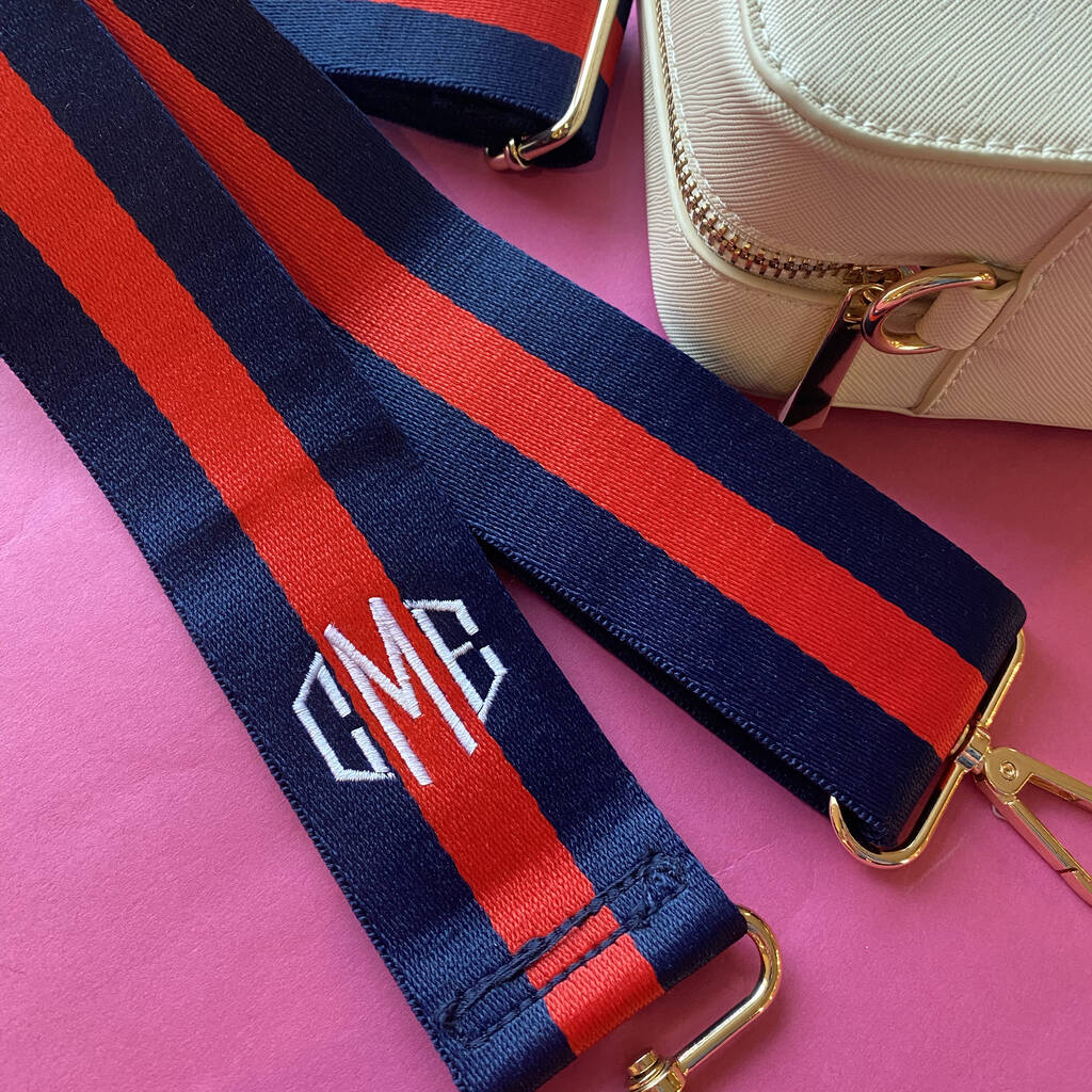 Personalised Monogram Embroidered Striped Bag Strap, 1 of 2