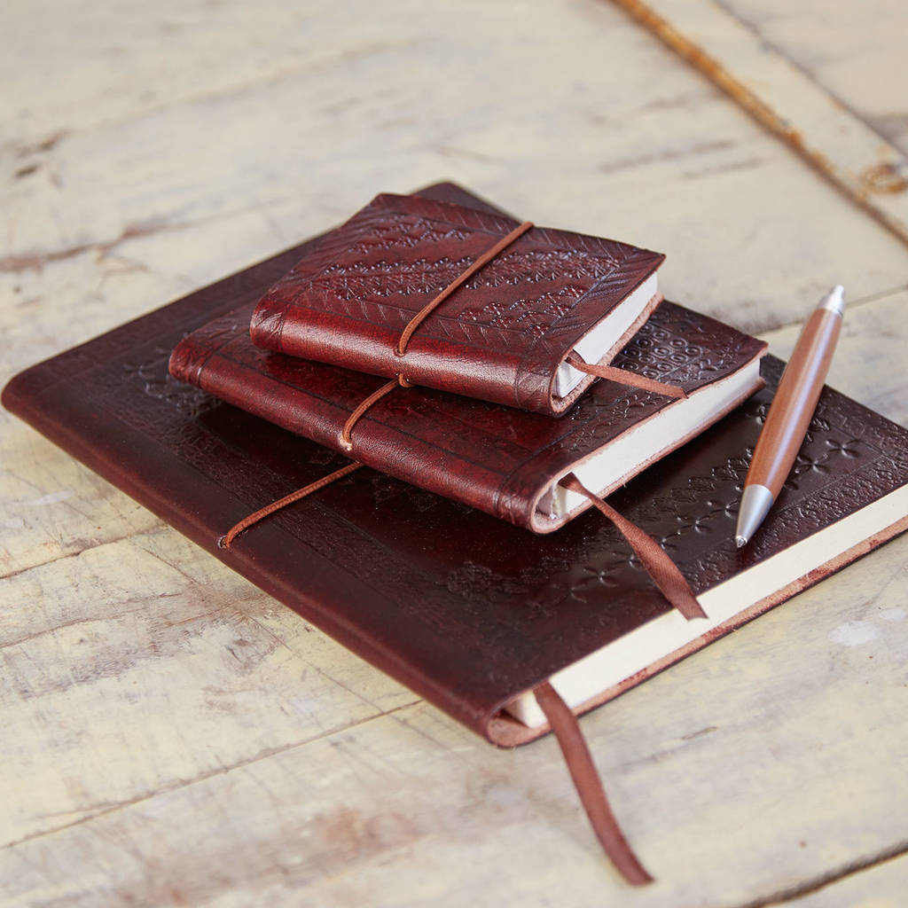 Chocolate Colour Fair Trade Handmade Small Embossed Leather Journal Notebook 
