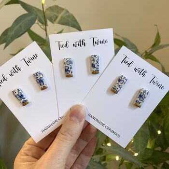 Blue And Gold Floral Ceramic Bar Stud Earrings, Minimalist Rectangular Studs, 10 of 10