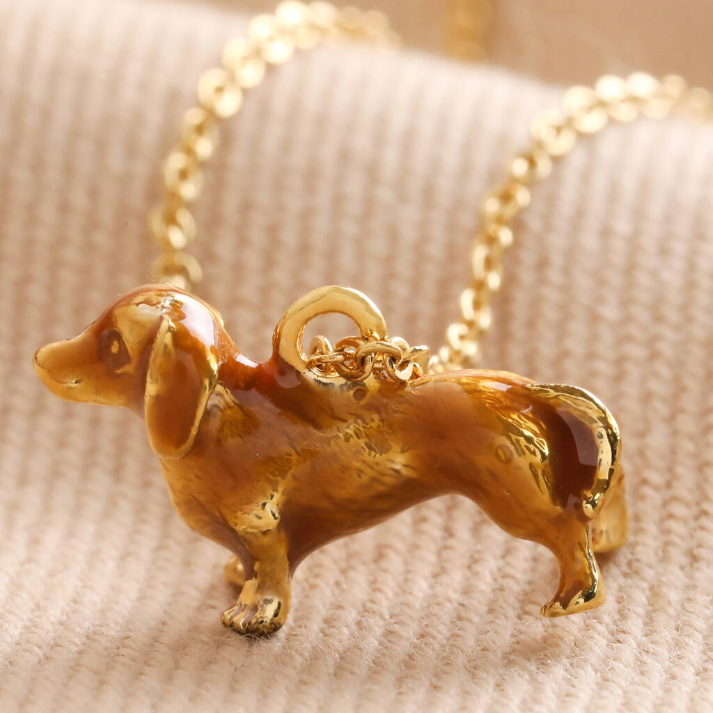 Sausage Dog Enamel Pendant Necklace In Gold Plating By Lisa Angel