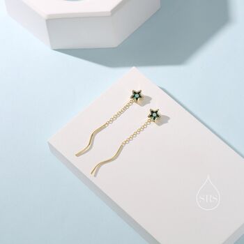 Emerald Green Star Bezel Cz Crystal Threader Earrings, 7 of 10
