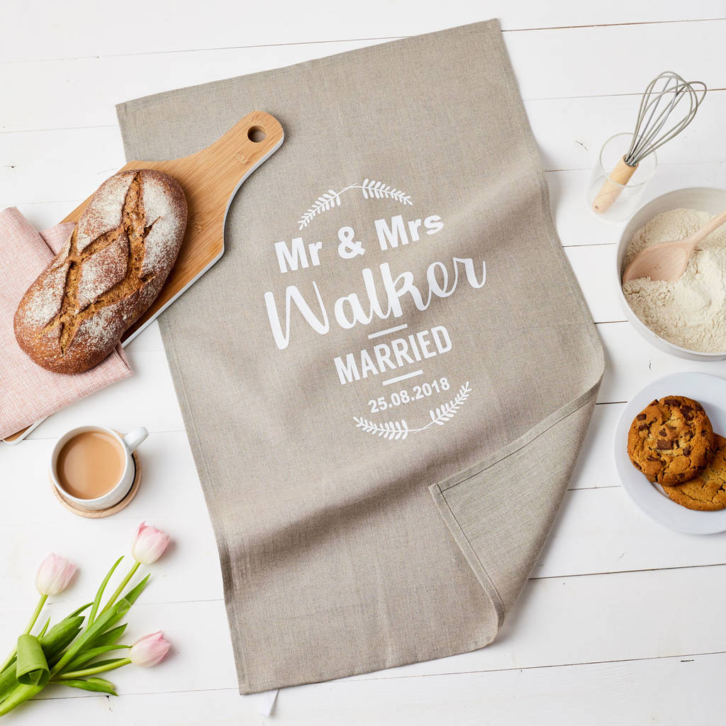 Personalised Mr And Mrs Linen Wedding Gift Tea Towel