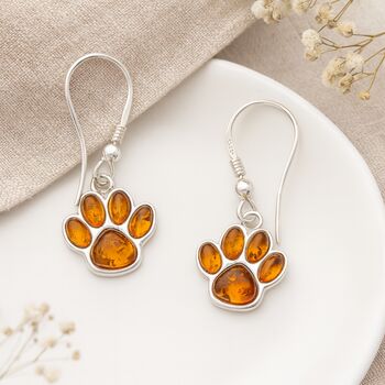 Sterling Silver Baltic Amber Paw Print Drop Earrings: Cat And Dog Lover Gift – 15mm, 6 of 9