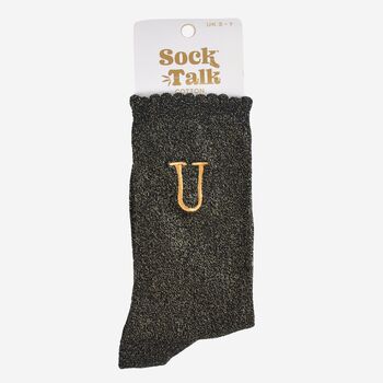 Women's Glitter Socks Black Gold Initial 'U', 5 of 5